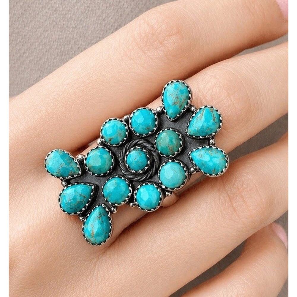 Turquoise Cluster Ring Sterling Silver Boho Western Statement Southwestern ADJ
